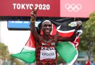 Eliud Kipchoge of Team Kenya celebrates after winning the gold medal in the Men's Marathon in Japan.